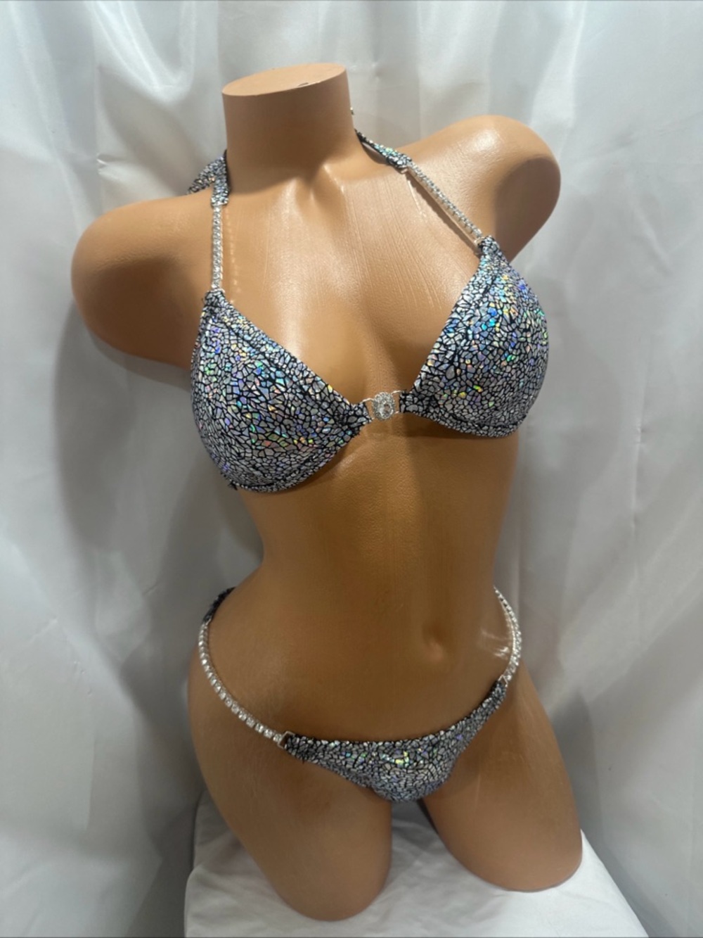 NPC competition bikini, Suit, handmade holographic, silver/black 34C cup sm